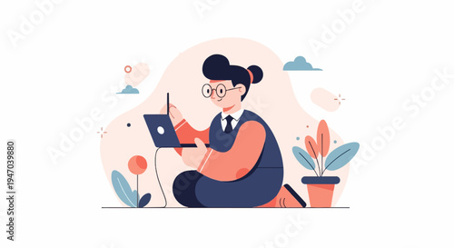 Cartoon character with glasses using a laptop in a stylized setting