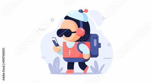 Cartoon character with headphones, sunglasses, and backpack looks at phone