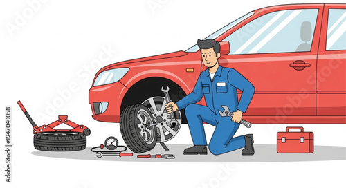 Mechanic changing car tire outdoors.