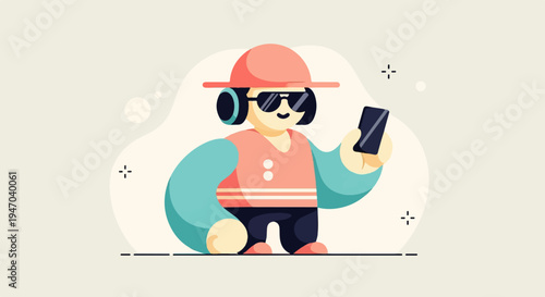 Cartoon character with headphones, sunglasses, and smartphone
