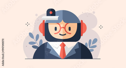 Cartoon character with headset and glasses, wearing a suit and tie