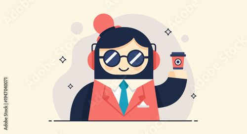 Cartoon character in a suit with headphones and coffee, flat design