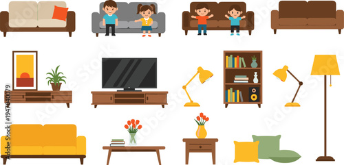 Living Room Furniture Interior Set Vector Illustration Including Sofa Table Lamp TV Cabinet Bookshelf Home Decor 