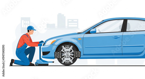 Mechanic changing car tire outdoors.