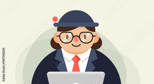 Cartoon character in business attire with glasses and hat using laptop