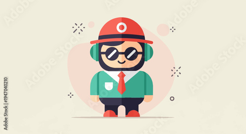 Cartoon character with red hat, glasses, headphones, and teal shirt