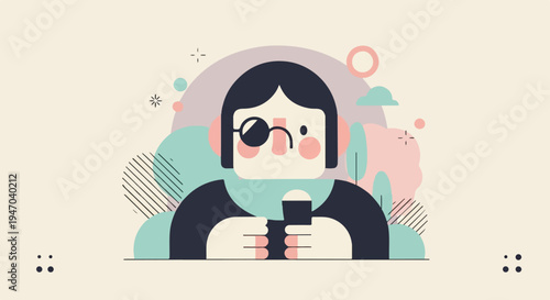 Cartoon character with one eye covered, holding a microphone, surrounded by abstract shapes