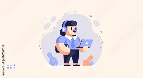 Cartoon figure in headphones holds laptop and notebook, surrounded by abstract shapes