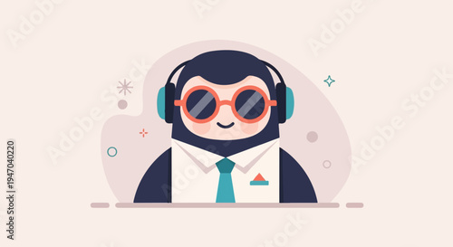 Cartoon character with headphones, glasses, and a tie, stylized