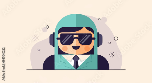 Cartoon character with sunglasses and headset on light background