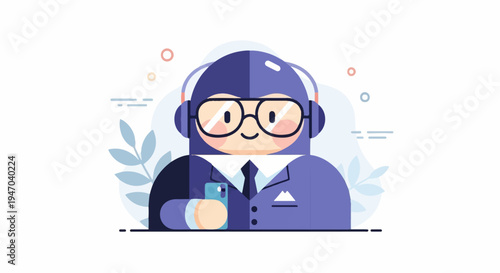 Cartoon character in business suit, headset, and glasses holding phone