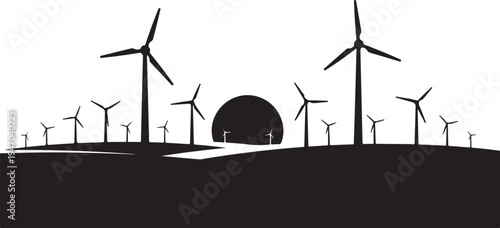 Vector silhouette of wind turbines on a hill