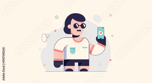 Cartoon character with sunglasses takes selfie with a smartphone