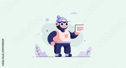 Cartoon character in glasses and cap holds up a document
