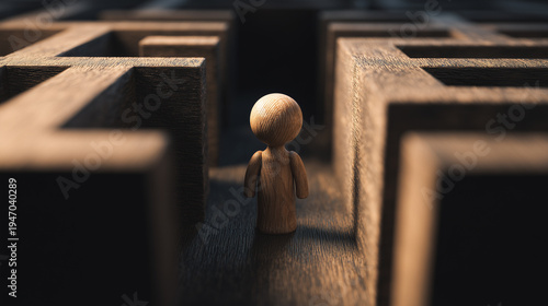 A small wooden figure stands in a complex maze with many paths and dead ends