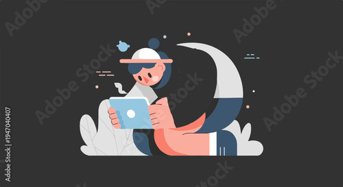 Cartoon figure with blue tablet and cap sits amongst stylized foliage