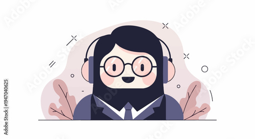 Cheerful character with headphones and beard, wearing a suit and tie