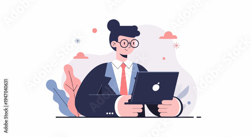 Businessman in a suit and tie, wearing glasses, works on a laptop