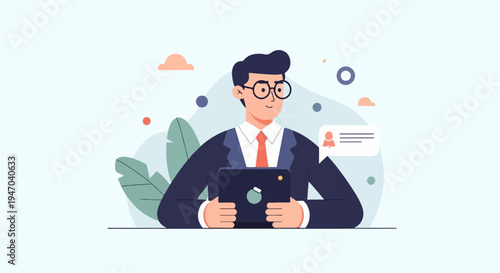 Businessman in a suit with glasses, holding a tablet, and receiving a message