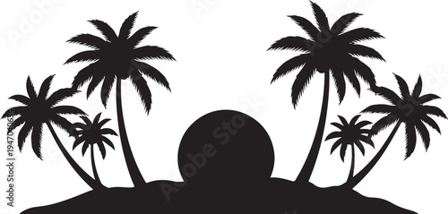 Black silhouette tropical island with palm trees and sunset vector
