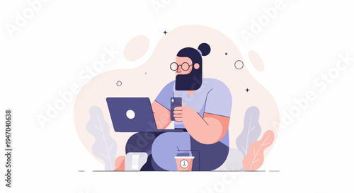 Bearded person with glasses works on a laptop with phone and coffee cup