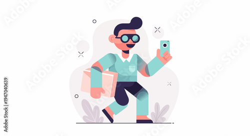 Cheerful person in a turquoise uniform with glasses holds a package and phone