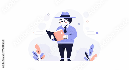 Character in hat reads book surrounded by abstract shapes and plants