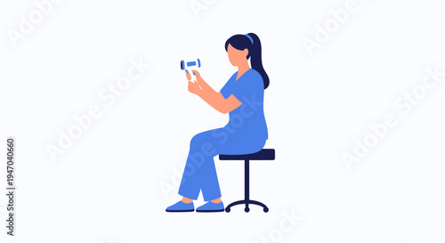 Nurse holding reflex hammer, seated on stool, medical examination concept