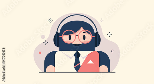 Cheerful cartoon person with headphones and glasses, wearing a suit (1)