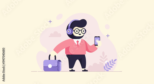 Cartoon character with headphones and briefcase holds phone