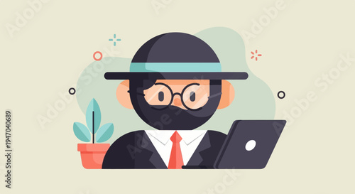 Cartoon hacker wearing a hat, glasses, and suit, working on a laptop