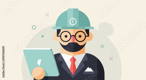 Cartoon engineer in hard hat and suit holds tablet