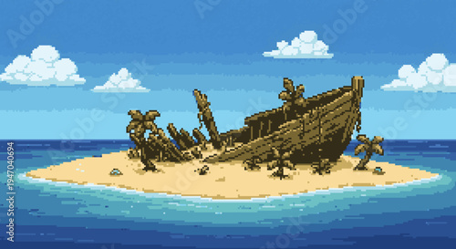 Pixelated Shipwreck: A sun-kissed island with the remains of a boat.