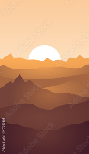 A serene mountain landscape at sunset with warm orange hues