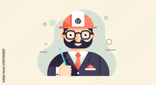 Cartoon illustration of a professional man in a hard hat and suit holding a tool