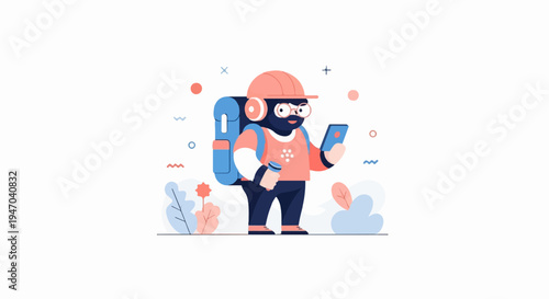 Cartoon character in hard hat with backpack and phone, surrounded by abstract shapes