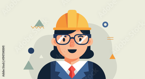 Cartoon illustration of a woman wearing glasses and a hard hat
