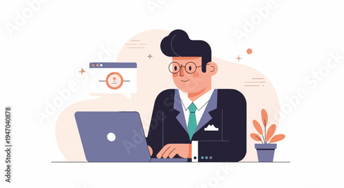 Cheerful businessman working on a laptop with a plant and chat bubble