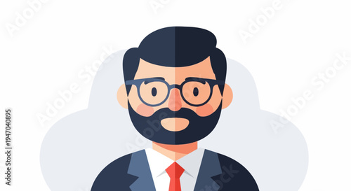 Flat design illustration of a bearded man with glasses and a suit