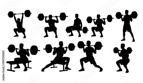 Barbell workout exercise silhouettes set with athletes performing strength training movements vector