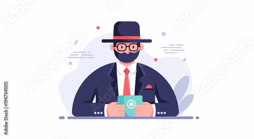 Dapper gentleman in a suit and hat holds a small, modern device