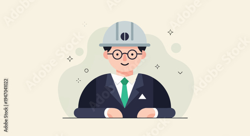 Cartoon engineer in suit and hard hat behind a desk
