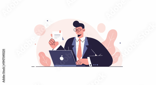 Businessman in suit with glasses works on laptop, holding paper
