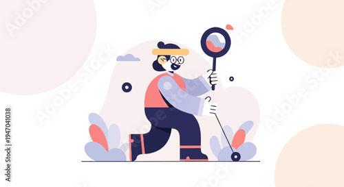 Cartoon person with magnifying glass examining a small object on the ground