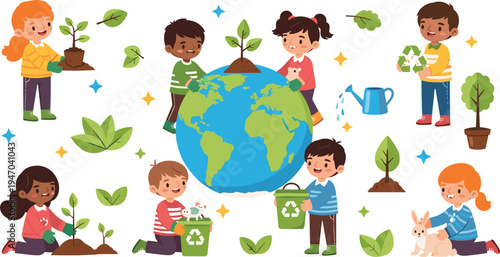 Kids caring for earth planting trees recycling watering plants eco friendly environment cartoon vector illustration set