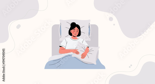 Woman sleepless in bed, holding pillow, looking worried, insomnia concept