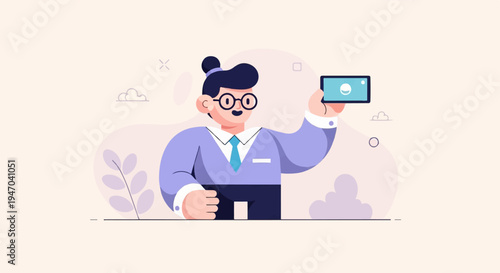 Cheerful person in professional attire holding up a mobile phone, smiling