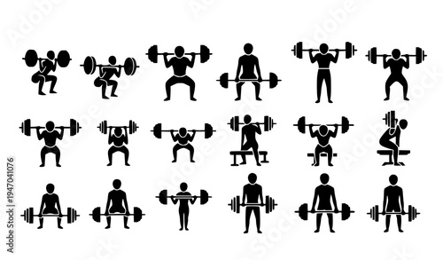 People performing barbell weightlifting exercises black silhouette fitness training collection vector