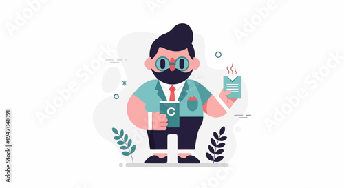 Cartoon man with beard glasses suit holding coffee and document