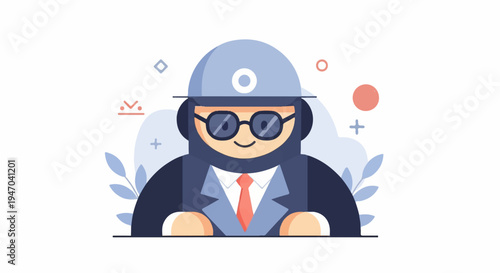 Flat illustration of a smiling figure wearing a hat, glasses, and suit